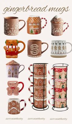 gingerbread mugs are lined up in different styles and sizes, with the words gingerbread mugs on them