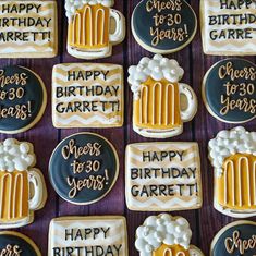 decorated birthday cookies with beer and balloons for someone's 30th birthday or other special occasion