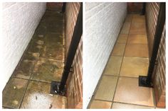 two pictures of the same floor in different rooms, one is dirty and the other has water on it