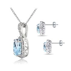 This stunning jewelry set includes stud earrings featuring 7x5mm oval blue topaz gemstones set in a polished halo setting with surrounding white topaz stones and a pendant necklace featuring an oval 9x7mm blue topaz gemstone with the "X" design bale showcasing white topaz gemstones for an added touch. The set is entirely crafted of fine sterling silver, nickel & tarnish free. The earrings are secured by post with friction backs and the necklace secures with a spring-ring clasp. The necklace Oval Blue Topaz Jewelry With Diamond Accents, Oval Blue Topaz Jewelry With Halo Setting, Anniversary Oval Fine Jewelry Sets, Amethyst Set, X Design, Halo Necklace, Halo Setting, Citrine Gemstone, Topaz Stone