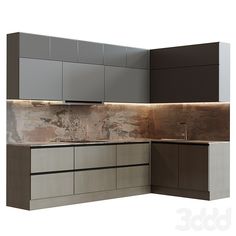 an image of a kitchen setting with grey cabinets and marble backsplashes on the wall