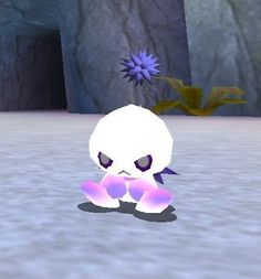 an animated character sitting on the ground in front of some plants and rocks, looking at something