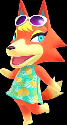 an image of a cartoon fox with sunglasses on it's head and wearing a dress