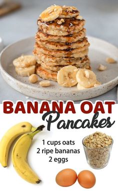 banana oat pancakes are stacked on top of each other