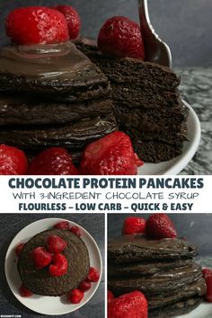 chocolate protein pancakes with raspberries - low carb and quick & easy recipe