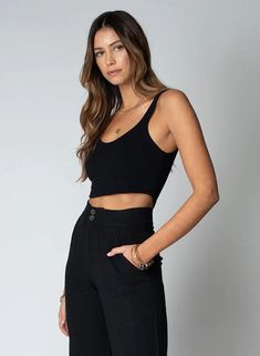 Black crop tank top with scoop neckline in smooth tencel cotton jersey by Stillwater Machine... Black Second-skin Scoop Neck Tank Top, Black Scoop Neck Tank Top With Built-in Bra, Black Sleeveless Moisture-wicking Crop Top, Black Moisture-wicking Tank Top, Black Cotton Moisture-wicking Tank Top, Black Cropped Tank, Black Crop Top Tank, Black Crop, Top Sales