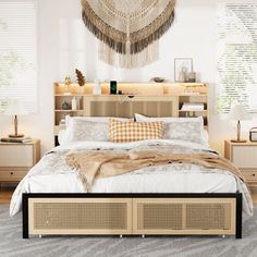 a bedroom with a bed, nightstands and lamps in it's center area