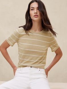 Linen-Blend T-Shirt | Banana Republic Factory British Khaki, Best Of Both Worlds, Banana Republic Factory, Long Shorts, White Shirts, Navy Stripes, Staple Pieces, Linen Blend, Navy And White