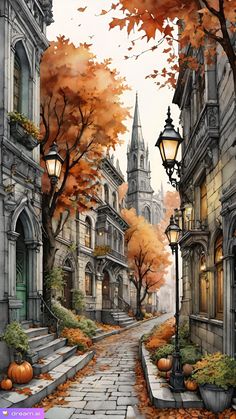 a painting of a city street in autumn