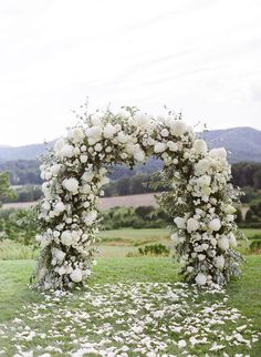 an arch made out of white flowers on top of a lush green grass covered field