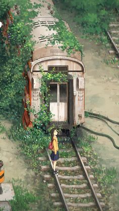 a girl is standing on the train tracks next to an abandoned train car and trees