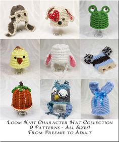 six crocheted animals in different colors and sizes