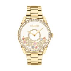 Coach Preston 36MM Crystal Flower Accent Watch; 14503777 Coach Watches Women, Rose Watch, Coach Watch, Rose Motif, White Watch, Peoples Jewellers, Tea Rose, Tea Roses, Two Tone Watch