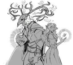 a drawing of a man and woman with antlers on their heads, standing next to each other