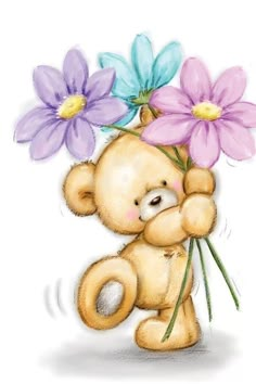 a drawing of a teddy bear holding flowers