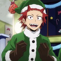 an anime character with red hair wearing a green and white christmas outfit, looking at the camera