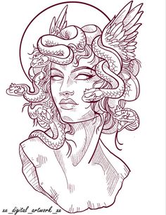 a drawing of a woman with snakes on her head