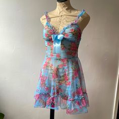 Adorable!! Sheer Blue Floral Nightie With Adjustable Shoulder Straps And Waist Tie. Size M Nwot Bundle And Save!!!! Blue Floral Print Sleepwear, Feminine Sheer Sleepwear For Pajama Party, Cute Blue Loungewear Dress, Blue Sheer Sleep Dresses, Sheer Blue Sleep Dresses, Cute Light Blue Sleepwear For Spring, Flirty Summer Nightgown For Sleep, Flirty Summer Sleep Nightgown, Feminine Blue Sleepwear For Pajama Party