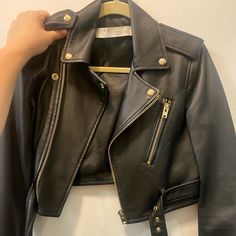 Genuine Leather Jacket With Gold Buttons And Zipper Edgy Leather Jacket With Metal Zipper, Leather Jacket Gold Hardware, Luxury Double-breasted Leather Jacket With Button Closure, Black Leather Jacket With Metal Zipper, Designer Black Single-breasted Leather Jacket, Genuine Leather Jackets, Gold Buttons, Genuine Leather, Zipper