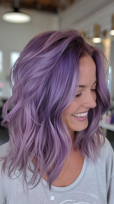 25 Prettiest Purple Hair Color Ideas To Make Your Hair Pop Lavender Rainbow Hair, Lavender Ombré Hair, Purple Dye On Blonde Hair, Lavender Halo Hair, Violet Toned Hair, Purple Hair Blonde Money Piece, Blonde To Lavender Hair, Light Purple Blonde Hair, Purple Hair On Blonde