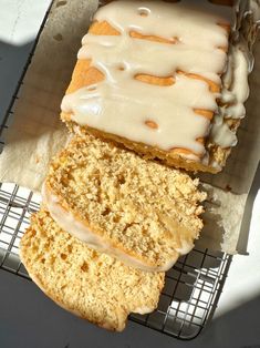 three slices of cake sitting on top of a cooling rack