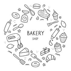 the bakery shop logo is surrounded by hand drawn items in a circle on a white background