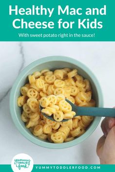 a bowl of macaroni and cheese with the title healthy mac and cheese for kids