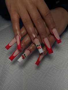 Cherry Red Nails Acrylic French Tip, Red French Tip Cherry Nails, Cherry Coffin Acrylic Nails, Red Cherry Nails Acrylic, Y2k Nails Acrylic Long Red, Red Cherry Nails, Tapered Square Nails, Cherry Nails, Long Acrylic Nail Designs