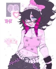 a drawing of a girl with pink hair wearing a tiara and black pants, holding her hands in her pockets