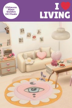 the living room is decorated in pastel pink and yellow colors with an eyeball rug