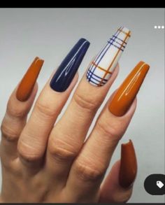 November Nails, Fall Gel Nails, Fall Nail Art Designs, Plaid Nails, Fall Acrylic Nails, Blue Nail, Fall Nail Art, Autumn Nails