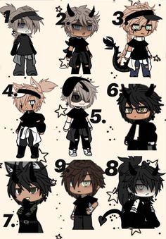 an anime character with different hair styles and numbers on their faces, all in black