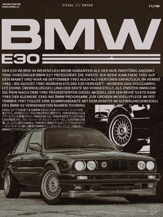 an advertisement for the bmw e36 sedan in black and white, with information about it