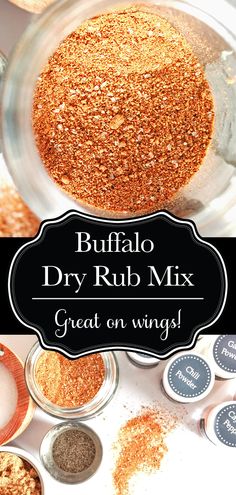 the ingredients for buffalo dry rub mix are in bowls and on top of each other