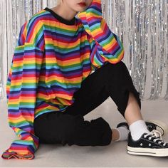 Free size:Bust: 112 cm/ 44.0 in, Lenght: 68 cm/ 26.7 in, Sleeve: 55 cm/ 21.6 in Material: Cotton, Polyester Boogzel Apparel, Grunge Aesthetics, Egirl Fashion, Harajuku Fashion Street, Clubbing Outfits, Rainbow Outfit, Pride Outfit, Extra Long Sleeves, Indie Outfits