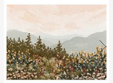 an abstract painting of flowers and mountains