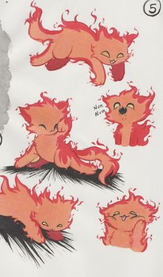 an image of some cartoon cats with fire on their heads and tails in the air