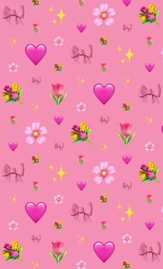 a pink background with hearts, flowers and stars