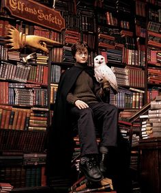 a man sitting in front of a bookshelf with an owl on his lap