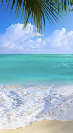 a painting of the ocean with waves coming in from the shore and palm trees on the beach