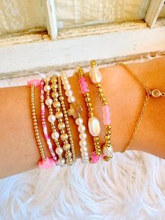 Pearl and gold beaded bracelets.  Pictured are beads #15 and #9. Pretty Stacks, Bracelets Pearls, Jewelry Combo, Aesthetic Bracelets, Bubble Bracelet, Gold Beaded Bracelets, Jewelry Closet, Bday Wishlist, Beaded Charm Bracelet