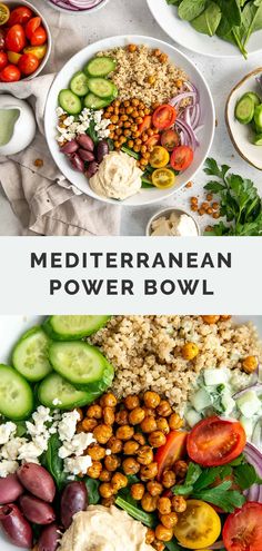 the mediterranean power bowl is full of fresh vegetables, chickpeas, cucumbers, tomatoes, and other veggies