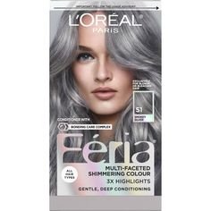 With L'Oreal Feria permanent hair color, what you see is the shimmer. Multi-Faceted shimmering color with 3X highlights delivers intensified, brilliant results. Inspired by fashion, Feria offers a twist on the traditional and gives edgy hair color - from bright red, platinum blonde, rose gold, metallic brown, to blue black hair color, these hair dye kits will transform your hair. Feria's prismatic color spectrum is custom-blended by L'Oreal master colorists for bold, head-turning shades – no app Loreal Paris Feria, Feria Hair Color, Ash Gray Hair Color, Ash Grey Hair, Silver Hair Dye, Blue Black Hair Color, Loreal Hair Color, Edgy Hair Color, Loreal Hair