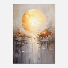 an abstract painting with yellow and grey colors on the canvas, it looks like there is a full moon in the sky