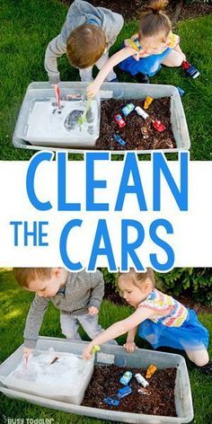 three children are playing with dirt and sand in their garden, while the title says clean the cars