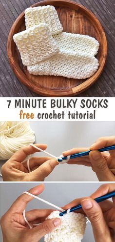 the steps to crochet socks are shown in three different pictures, including one with yarn