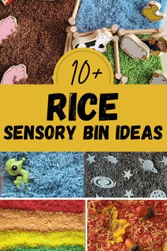 Pin text reads, 10+ rice sensory bin ideas. Images are of farm theme, ocean, space, rainbow and fall theme. Prek Sensory, Rice Sensory Play, Play Ideas For Toddlers, Sensory Tubs, Sensory Bags, Kids Handwriting