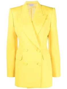 canary yellow wool blend double-breasted button fastening long sleeves two front flap pockets straight hem Versace Blazer, Yellow Blazer, Stylish Maternity Outfits, Stylish Maternity, Canary Yellow, Couture Runway, Long Sleeve Blazers, White Blazer, Black Blazers