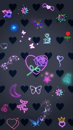 many different colored hearts and flowers on a black background