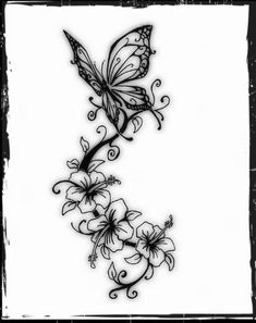 a black and white drawing of a butterfly flying over flowers